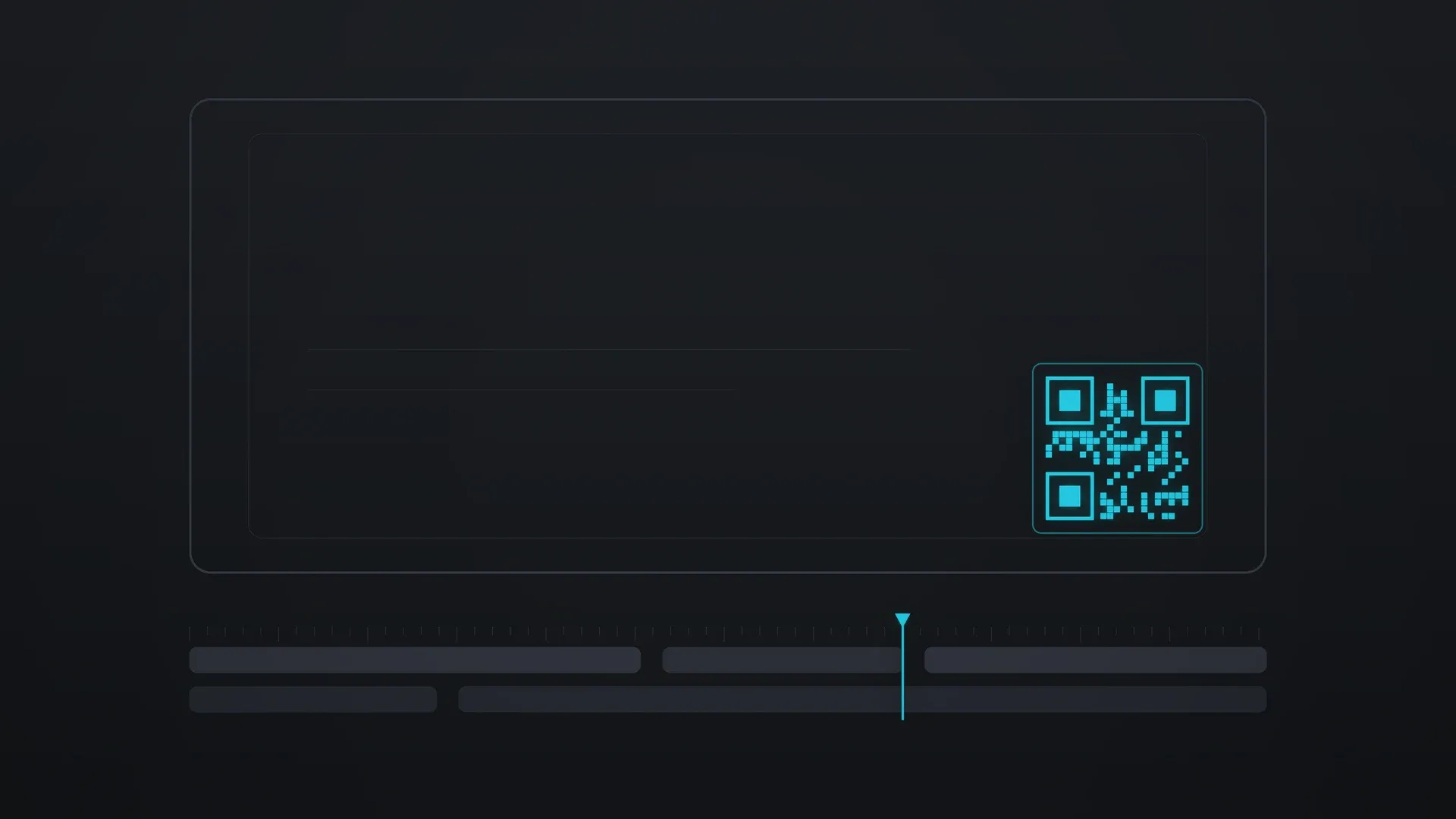 Large glowing QR code hovering above a video editing timeline on a dark display, charcoal background with a single cyan neon accent