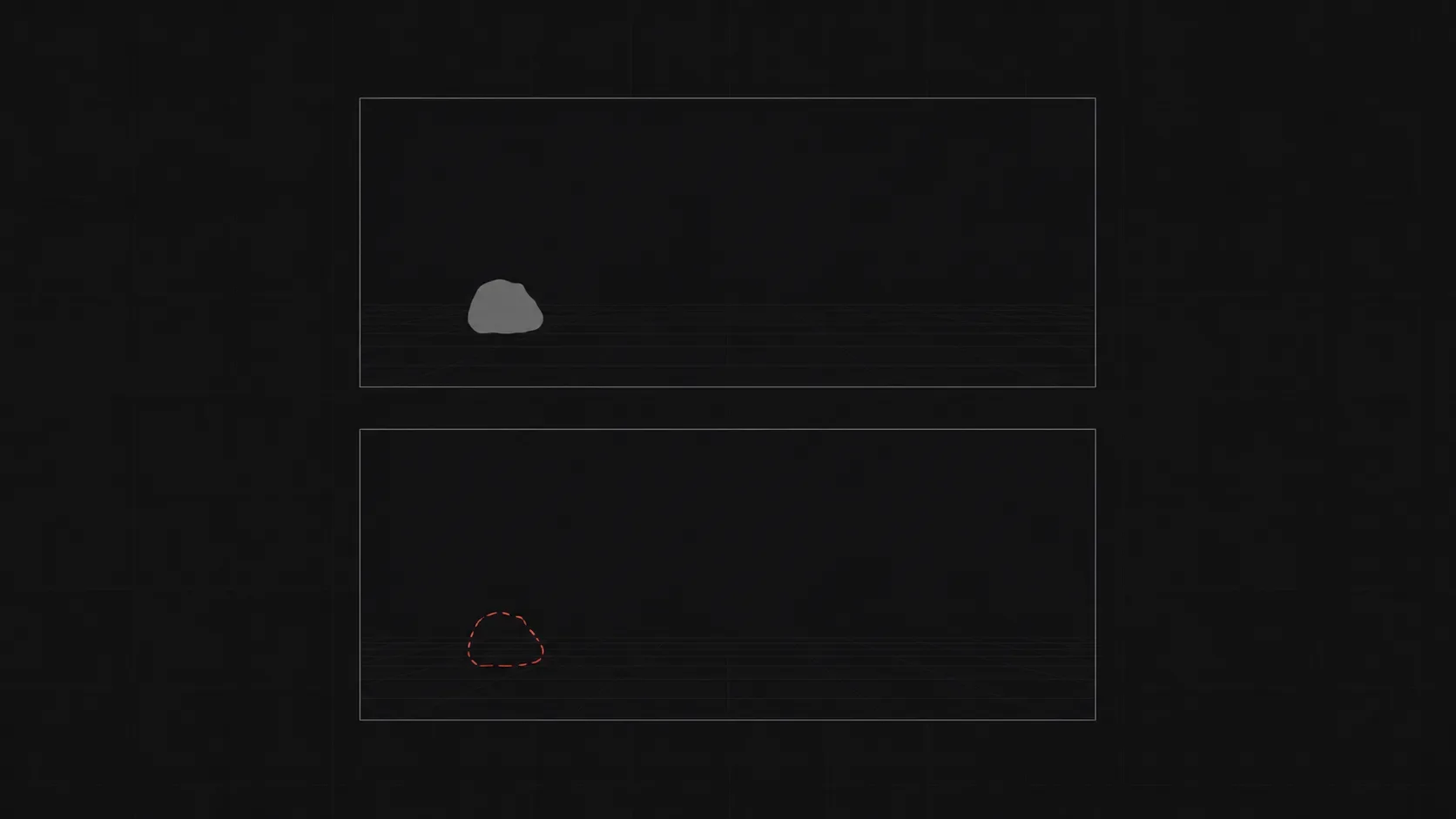 Two stacked video frames: the upper one holds a gray object, the lower one shows only a red dashed outline where that object was removed