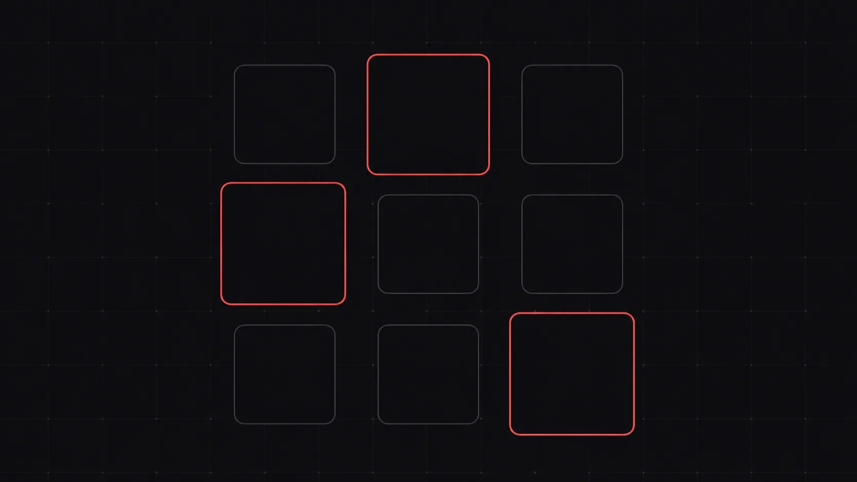 A three-by-three grid of blank rounded tiles with three of them outlined in red and brought forward, the remaining six dimmed