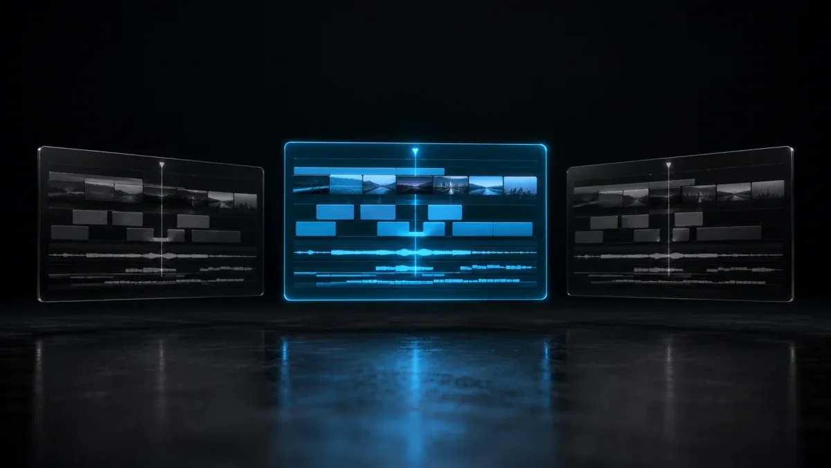 Three editing timelines hovering over a dark desk, the center one lifted and glowing electric cyan