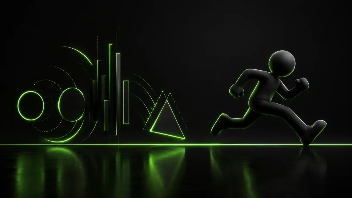 A neon green geometric logo mid-morph beside a simple walking character silhouette on dark charcoal