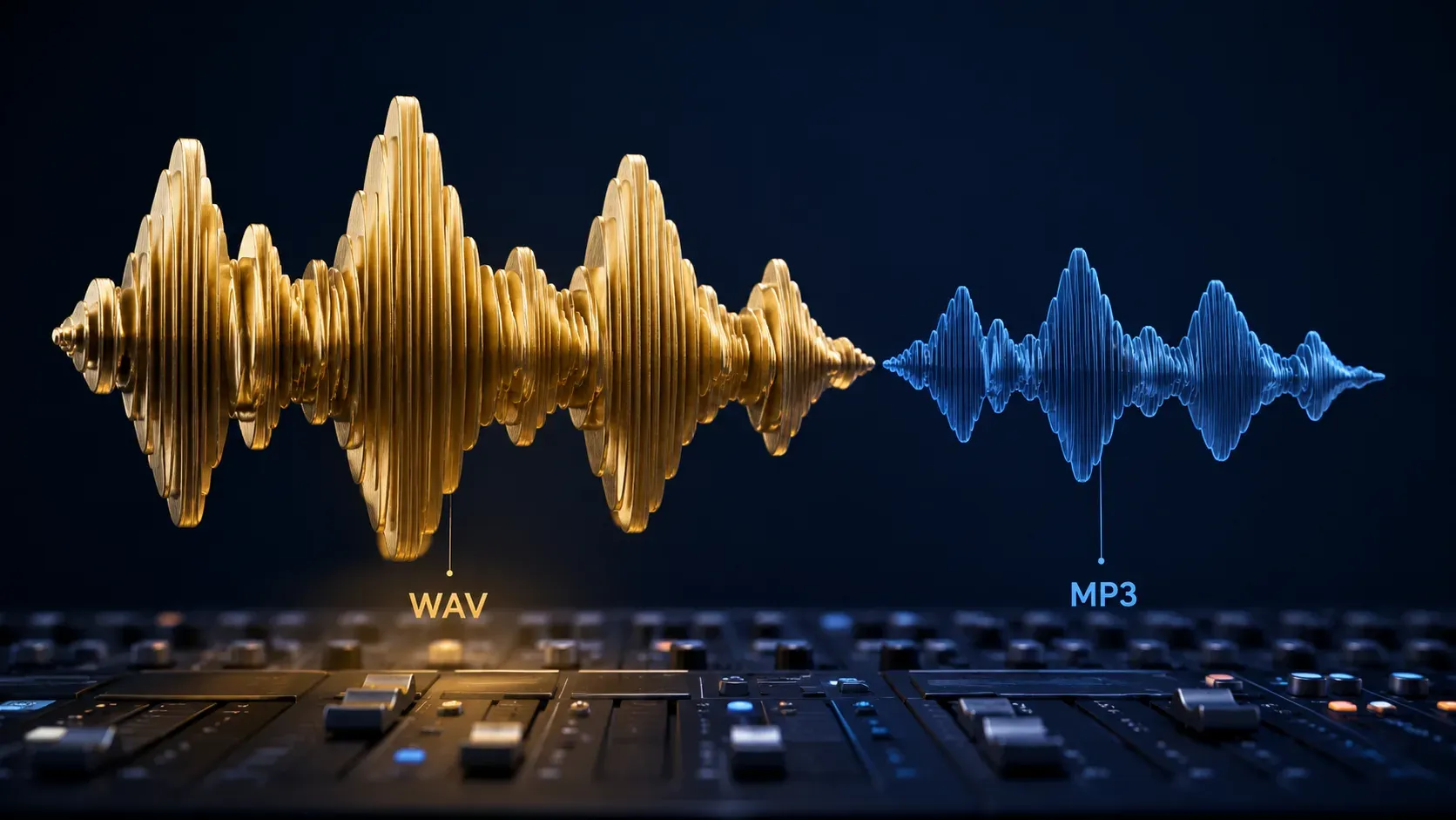 A massive dense golden waveform beside a slim compressed blue waveform of the same song, floating over a mixing console