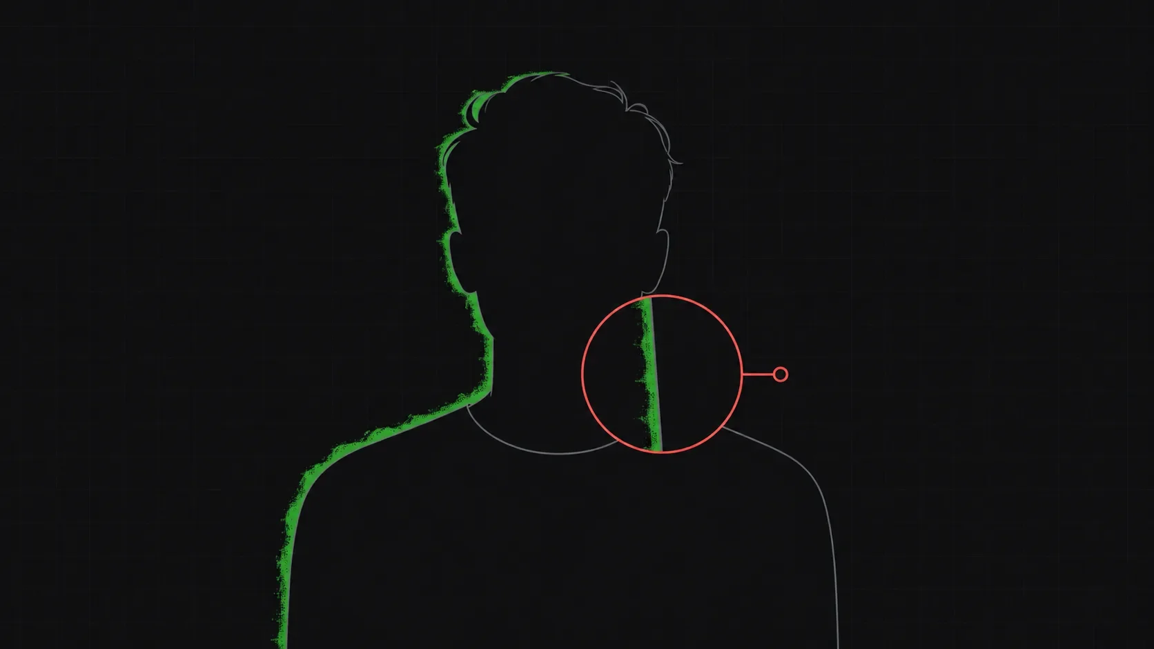An outlined figure whose left edge carries a ragged green spill fringe while its right edge is clean, with a red loupe magnifying the point where one becomes the other