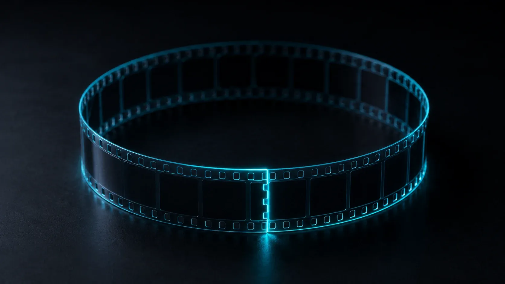 Film strip bent into a glowing circle with a cyan seam at the splice point, representing a seamless video loop