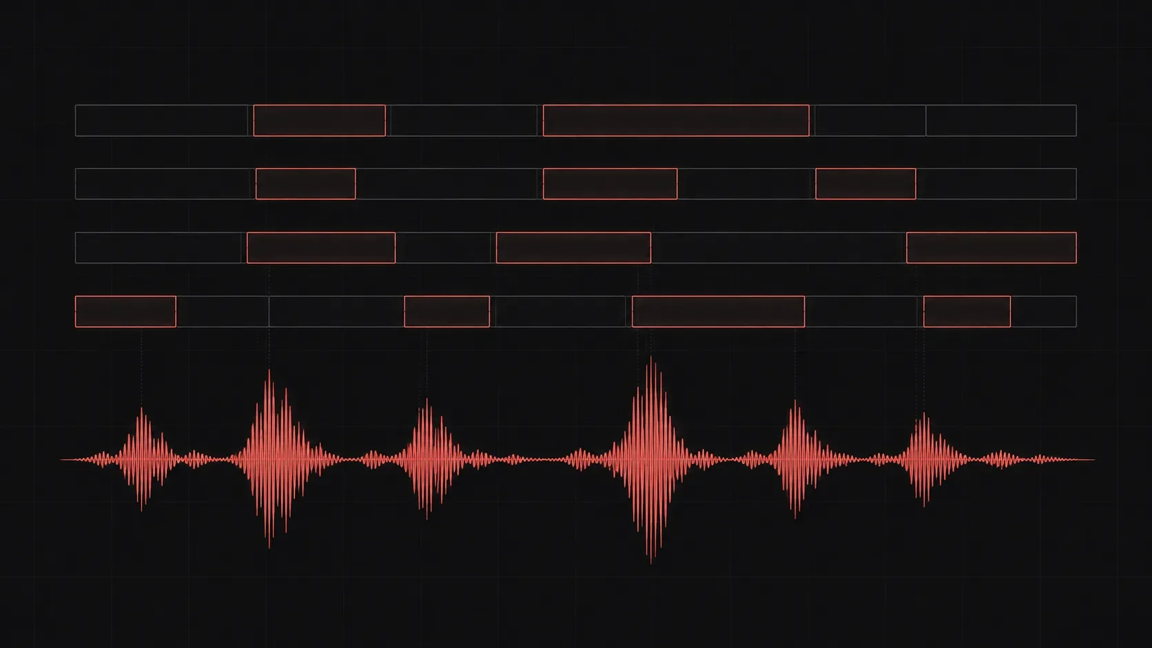 A red audio waveform along the bottom driving four layer bars above it, lit where the waveform peaks and dim where it falls quiet