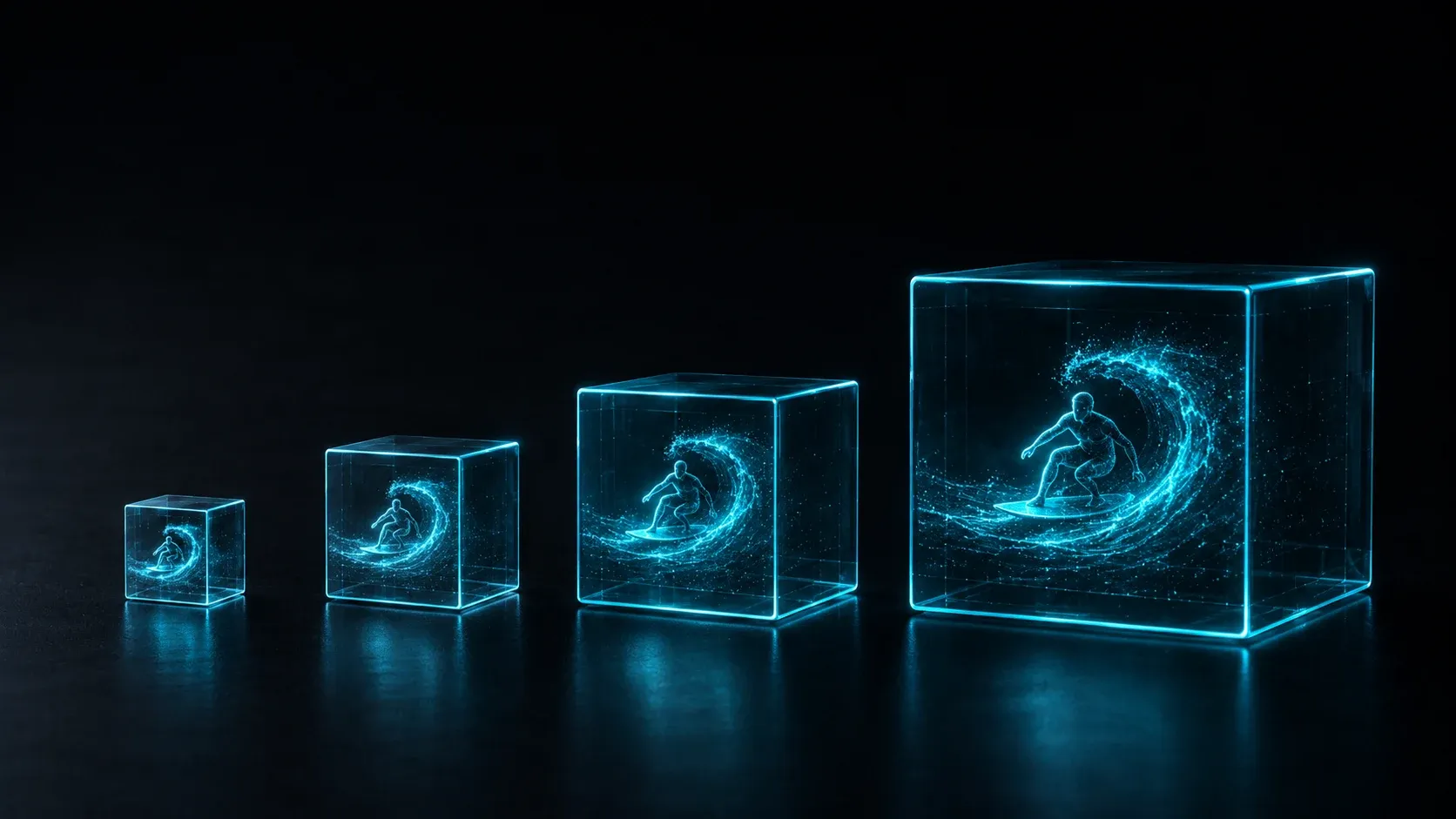 Four glowing data cubes of different sizes containing the same animation, representing codec file-size differences