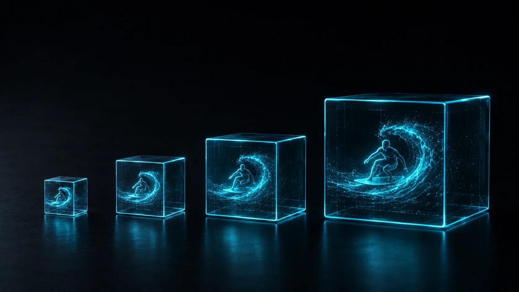 Four glowing data cubes of different sizes containing the same animation, representing codec file-size differences