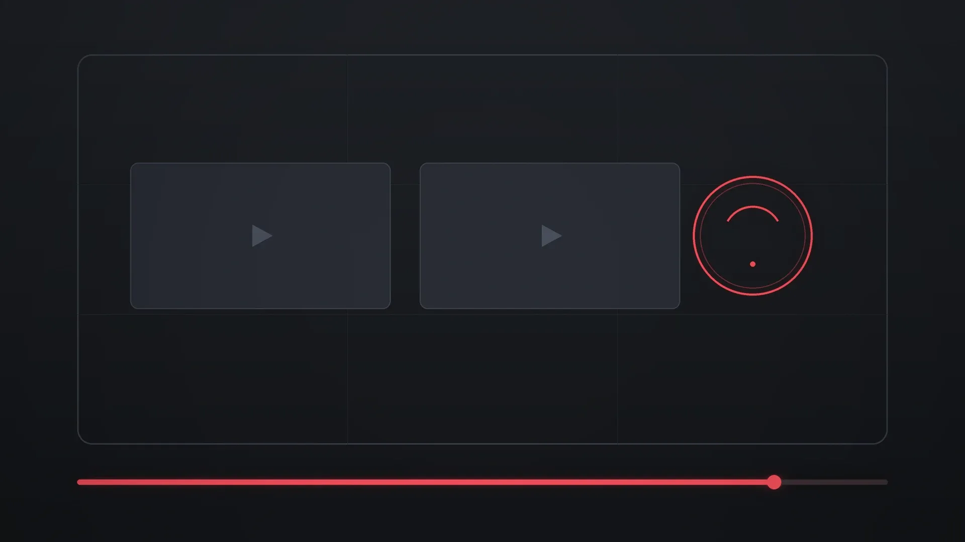 Video end card mockup with glowing rectangular element frames and a circular subscribe button on a dark editing screen, charcoal background with a single red neon accent